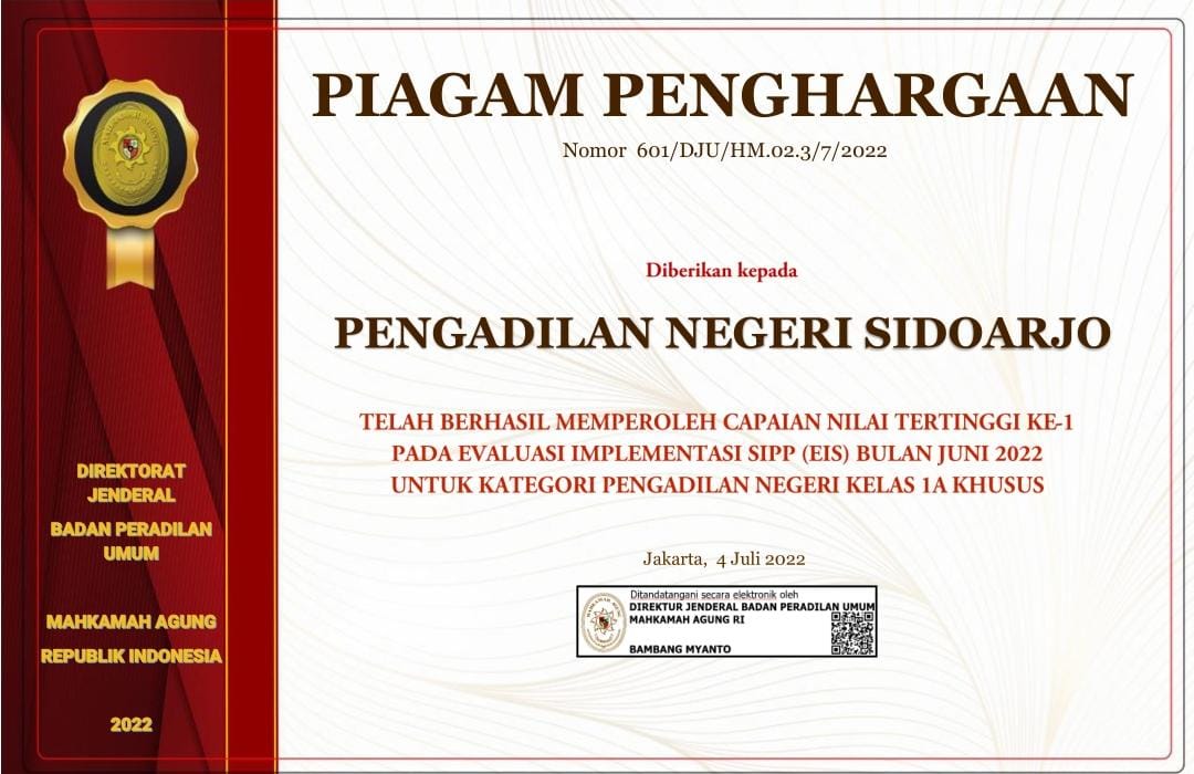 PENGADILAN NEGERI SIDOARJO MENERIMA PENGHARGAAN EVALUASI IMPLEMENTASI SIPP JUNI 2022